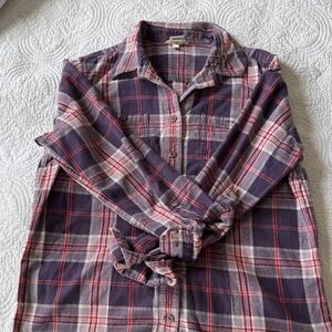 Duluth Trading Co Purple Plaid Button-Down Shirt with Red Accents